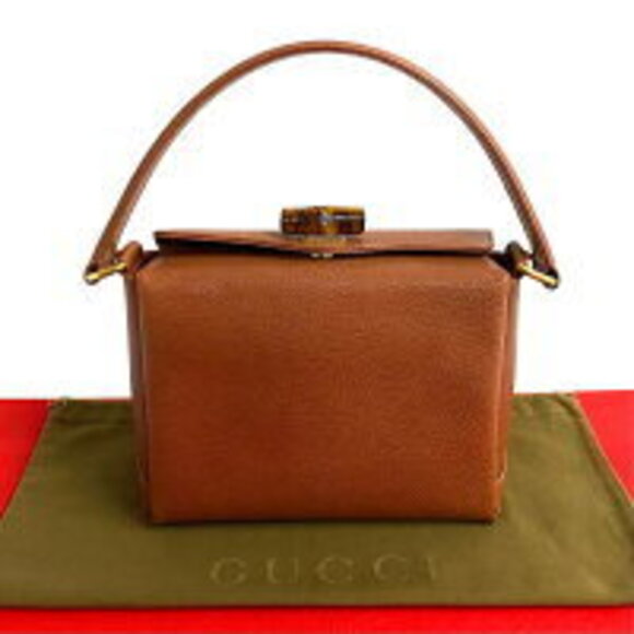Gucci Handbags - GUCCI bamboo turnlock leather handbag tote bag brown